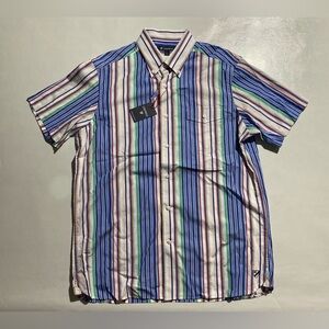 NEW Size L Mens Cremieux Short Sleeve Button Down Shirt Cotton White Striped